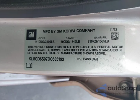 2013 Chevrolet Spark 1Lt Auto z USA, uszkodzony, nr VIN KL8CD6S97DC535193